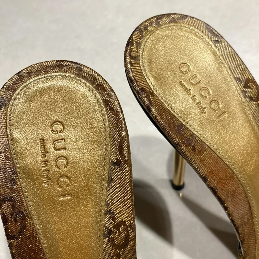 GUCCI Crystal Horsebit GG Heeled Monogram Gold Stiletto Mules size 8 & dust bag - Picture 8 of 17